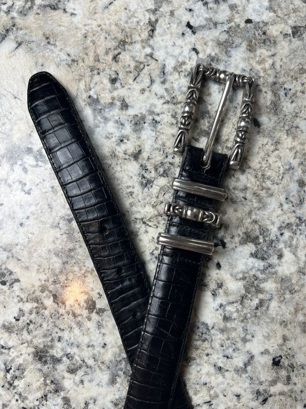 BRIGHTON Black Croc Embossed Leather Belt w/ Silver Scroll Buckle Sz M/L B4903